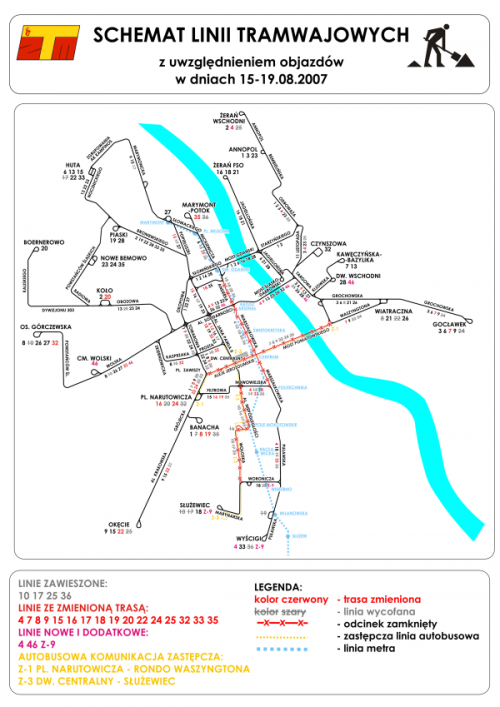 Schemat linii tramwajowych w dniach 15-19.08.2007.